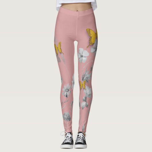 Schattigee roze bloemen en vlinder leggings (Voorkant)