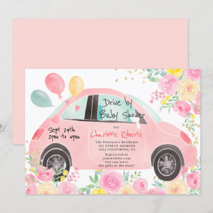 Schattigee roze bloemengouden auto rijden per baby kaart