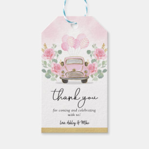 Schattigee roze bloemenreis rijden door Baby showe Cadeaulabel