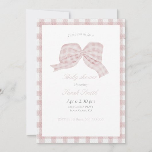 Schattigee roze boog lint baby shower uitnodiging (Voorkant)