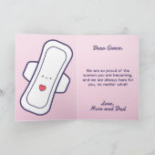 Schattigee Roze Cartoon Pad Tampon Eerste Periode Kaart (Binnen)
