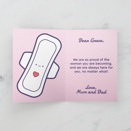 Schattigee Roze Cartoon Pad Tampon Eerste Periode Kaart (Binnen)