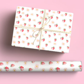 Schattigee Roze Daisy & Aardbeien Pastel Waterverf Cadeaupapier