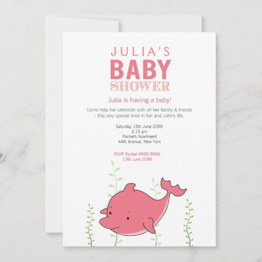 Schattigee Roze Dolfijn Baby shower Uitnodigen Kaart (Voorkant)