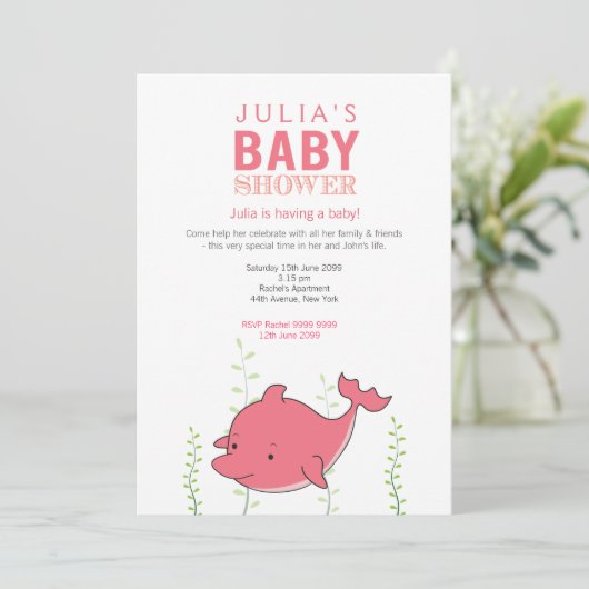 Schattigee Roze Dolfijn Baby shower Uitnodigen Kaart (Staand voorkant)