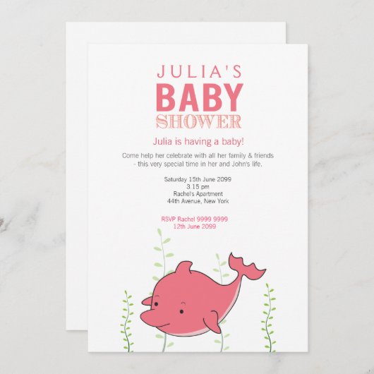 Schattigee Roze Dolfijn Baby shower Uitnodigen Kaart (Voorkant / Achterkant)