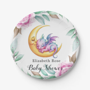 Schattigee Roze Draak en Peony Girl Baby shower Papieren Bordje