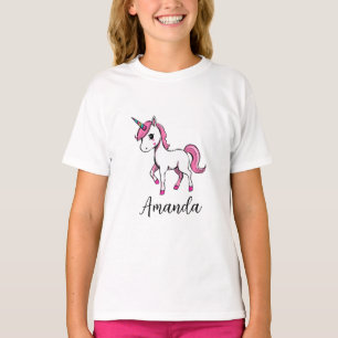 Schattigee Roze Eenhoorn Cartoon Naam T-shirt