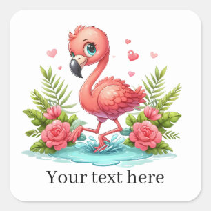 Schattigee roze flamingo bloemen tekst toevoegen vierkante sticker