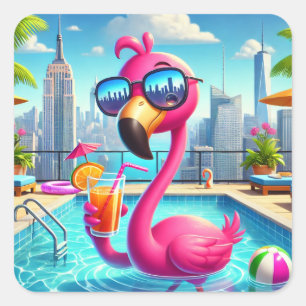 Schattigee roze flamingo zwembadzijde Drink Sticke Vierkante Sticker