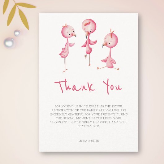 Schattigee roze flamingo's drieling Baby shower Bedankkaart