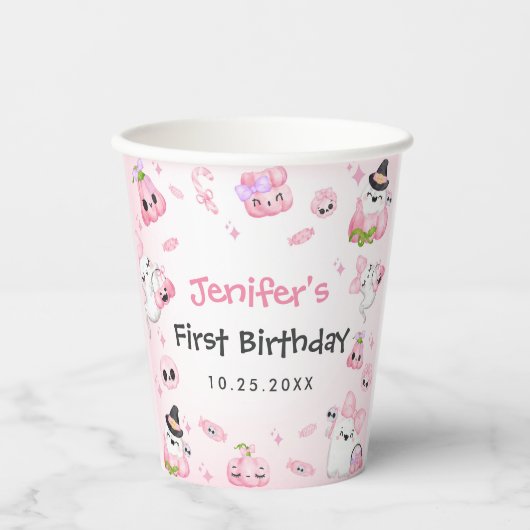Schattigee Roze Geest Halloween 1e verjaardag Papieren Bekers (Voorkant)