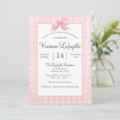 Schattigee Roze Gingham met Bow Baby shower Uitnod Kaart (Staand voorkant)