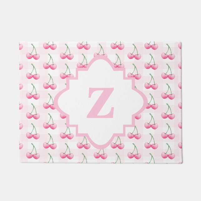 Schattigee Roze Gingham Pattern Waterverf Cherry Deurmat (Voorkant)