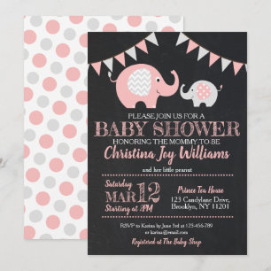 Schattigee Roze Grijs Olifant Baby shower Uitnodig Kaart