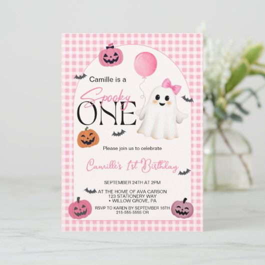 Schattigee Roze Halloween Ghost 1e Verjaardag Kaart (Staand voorkant)