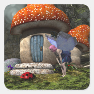 Schattigee roze-harige fee ontmoet lieveheersbeest vierkante sticker