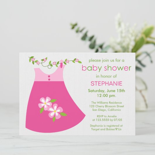 Schattigee Roze Jurk Outfit Baby shower Uitnodigin Kaart (Staand voorkant)