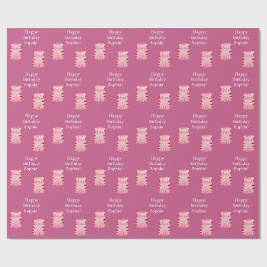 Schattigee roze kat Happy Birthday gepersonaliseer Cadeaupapier (Vlak)