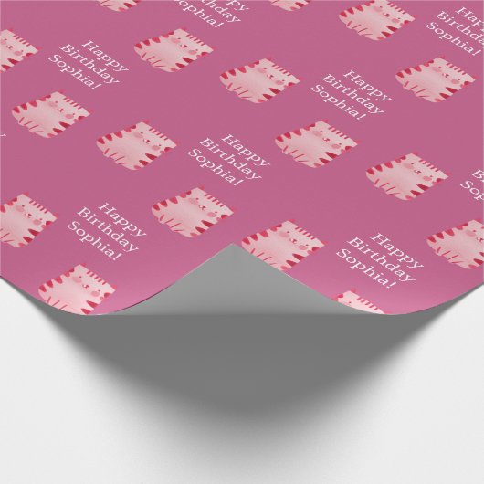 Schattigee roze kat Happy Birthday gepersonaliseer Cadeaupapier (Hoek)