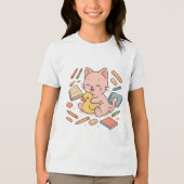 Schattigee Roze Kat met Rubber Duck Art Tri-Blend Shirt (Voorkant)
