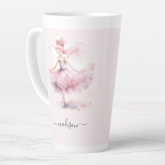 Schattigee roze kerstballerina scriptnaam latte mok (Linkerhoek)