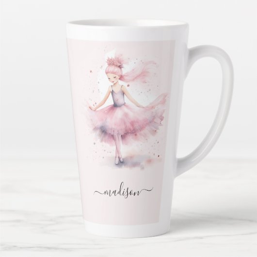 Schattigee roze kerstballerina scriptnaam latte mok (Rechts)
