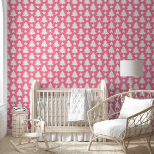 Schattigee Roze Kerstboom Patroon Kinder Kwekerij Behang