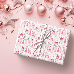 Schattigee Roze Kerstdorp Snowy Day Cadeaupapier