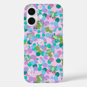 Schattigee roze kikkerkunst met waterlelies girly iPhone 16 hoesje