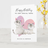 Schattigee Roze Kitty Cat Twin Girls Verjaardag Kaart (Gele Bloem)