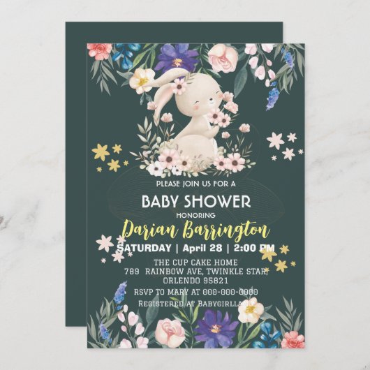 Schattigee roze konijn bloemen baby meisje douche kaart (Voorkant / Achterkant)