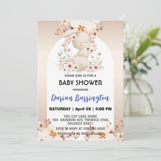 Schattigee roze konijn bloemen baby meisje douche kaart (Staand voorkant)