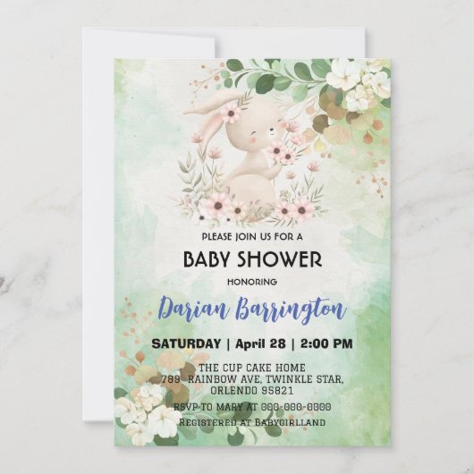 Schattigee roze konijn bloemen baby meisje douche kaart (Voorkant)