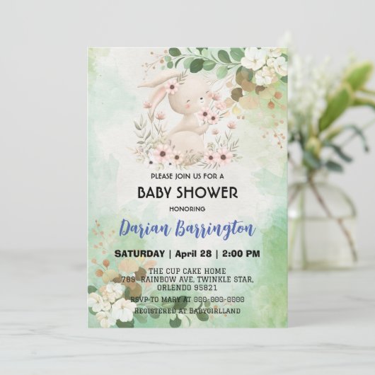 Schattigee roze konijn bloemen baby meisje douche kaart (Staand voorkant)