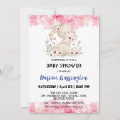 Schattigee roze konijn bloemen baby meisje douche kaart (Voorkant)