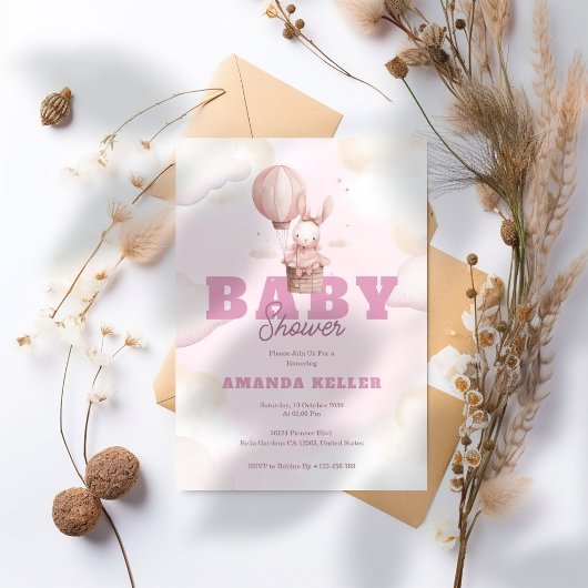 Schattigee roze konijntje Baby shower uitnodiging