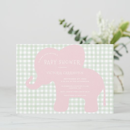 Schattigee Roze Olifant Green Gingham Baby shower Kaart (Staand voorkant)