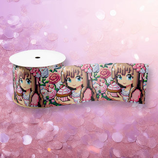 Schattigee Roze Pixel Art Girl's Verjaardag Cupcak Lint