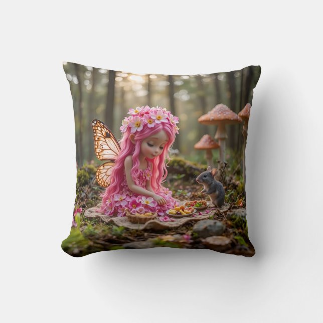 Schattigee Roze Pixie en Muizenpicknick Kussen (Voorkant)