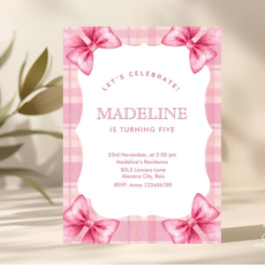 Schattigee Roze Plaid & Bow Coquette Meisje Verjaa Kaart