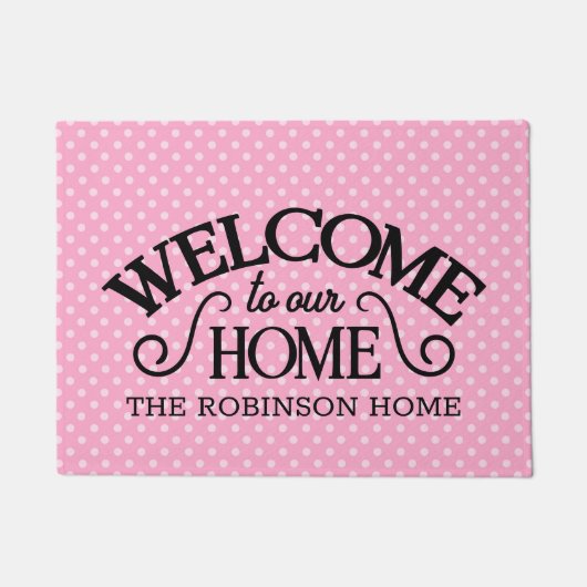 Schattigee roze polka stippen welkom Home Custom Deurmat (Voorkant)