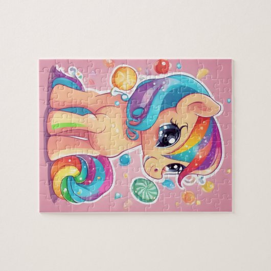 Schattigee roze pony met snoepjes en snoepjes legpuzzel (Horizontaal)