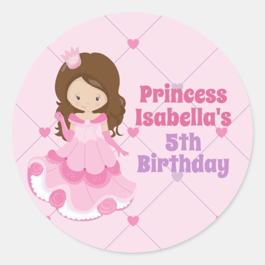 Schattigee Roze Prinses Meisjes Aangepaste Verjaar Ronde Sticker (Voorkant)