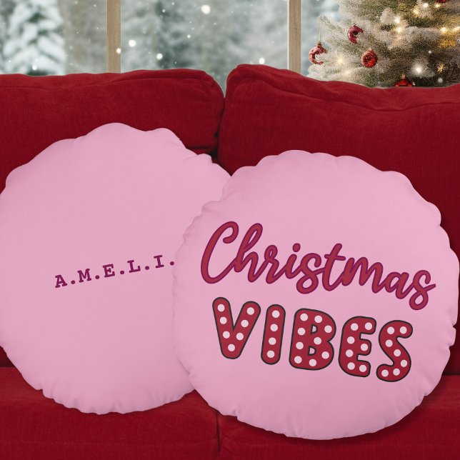 Schattigee roze retro kerstvibes rond kussen (cute pink retro christmas vibes round pillow)