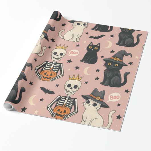 Schattigee Roze Skeleton Princess & Halloween Katt Cadeaupapier (Uitgerold)