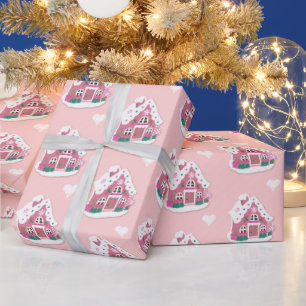 Schattigee Roze Snowy Gingerbread House en Harten Cadeaupapier