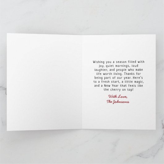 Schattigee roze strik en zoete rode kersen kerst kaart (Binnen)