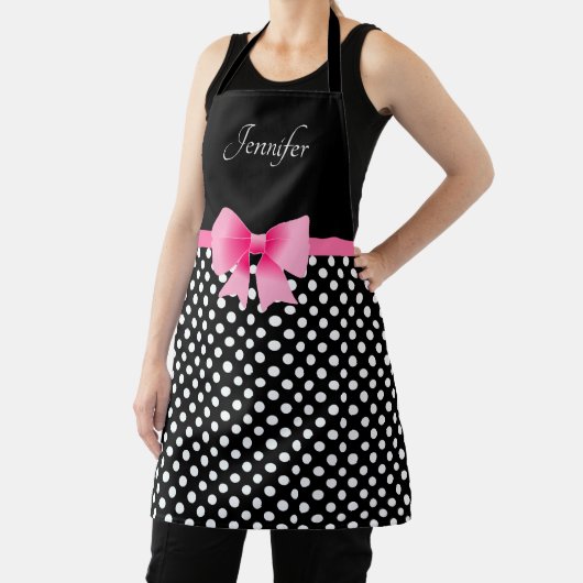 Schattigee roze strik zwart en wit naam schort (Insitu)