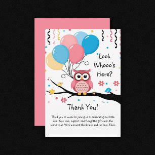 Schattigee Roze Uil met Ballonnen & Confetti Baby Bedankkaart